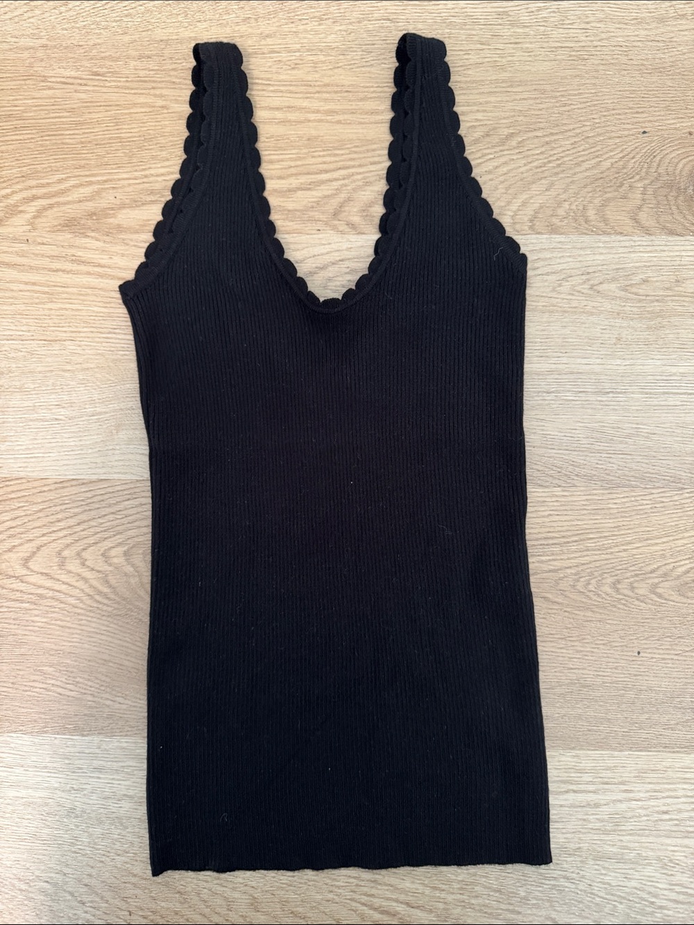 Scalloped V-Neck Black Ribbed Tank